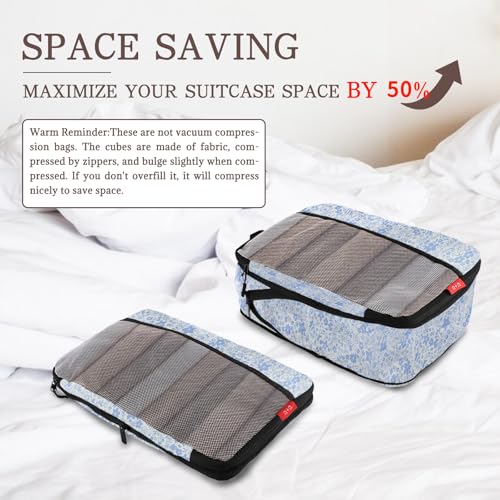 U+U 6 Set Compression Packing Cubes - Ultralight Travel Organizers with Laundry Bag, Space-Saving Suitcase Organizer for Travel, Business Trip and Family Vacation (Blue Flower) - Image 3