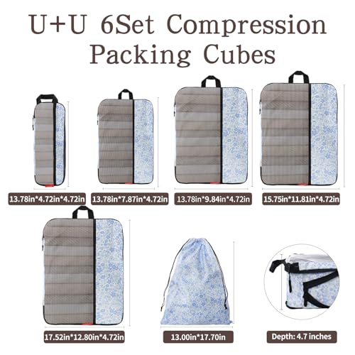 U+U 6 Set Compression Packing Cubes - Ultralight Travel Organizers with Laundry Bag, Space-Saving Suitcase Organizer for Travel, Business Trip and Family Vacation (Blue Flower) - Image 5