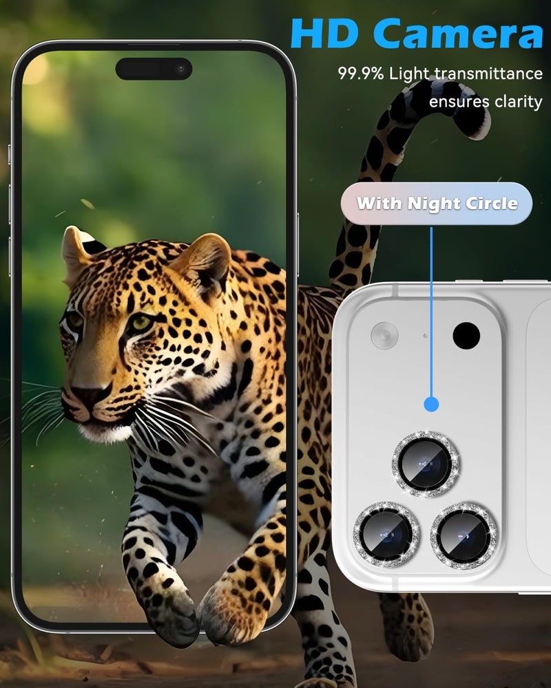 CloudValley Glitter Camera Lens Protector for iPhone 17 Pro/iPhone 17 Pro Max, Anti-Scratch HD Tempered Glass, Shatterproof Metal Ring Cover, Easy Installation, Glitter Silver Gray - Image 2