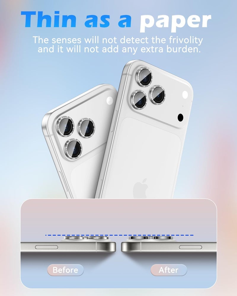 CloudValley Glitter Camera Lens Protector for iPhone 17 Pro/iPhone 17 Pro Max, Anti-Scratch HD Tempered Glass, Shatterproof Metal Ring Cover, Easy Installation, Glitter Silver Gray - Image 4