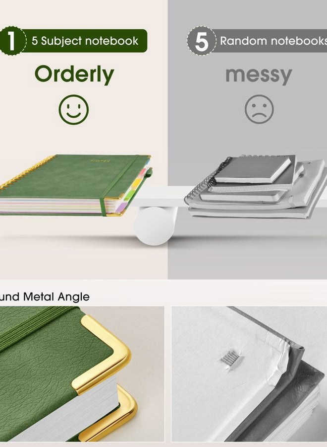 dilitego Hardcover Spiral Notebook with Removable Dividers 8"x10", Leather 5 Subject Notebook College Ruled with Tabs, 300 Pages Large B5 Notebooks for Work School Note taking, Lined Journal for Women,Green - Image 3
