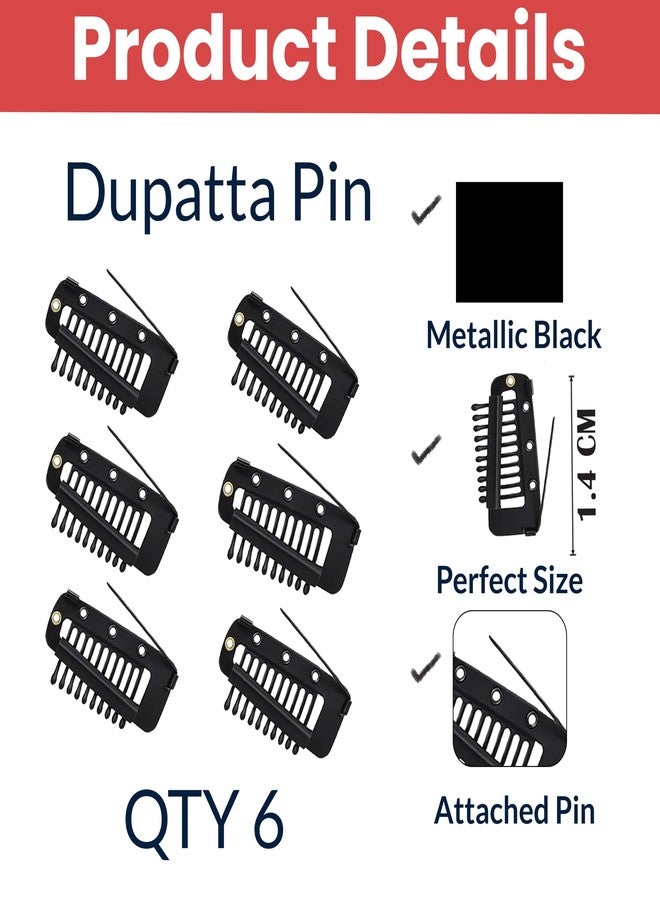 TEMPERIA (6pcs) Dupatta Clips for Brides - Bridal Saree Pallu Chunni Setting Holding Safety Pin for Head - Hair Patch Wig Clips for Women - Black - Image 2