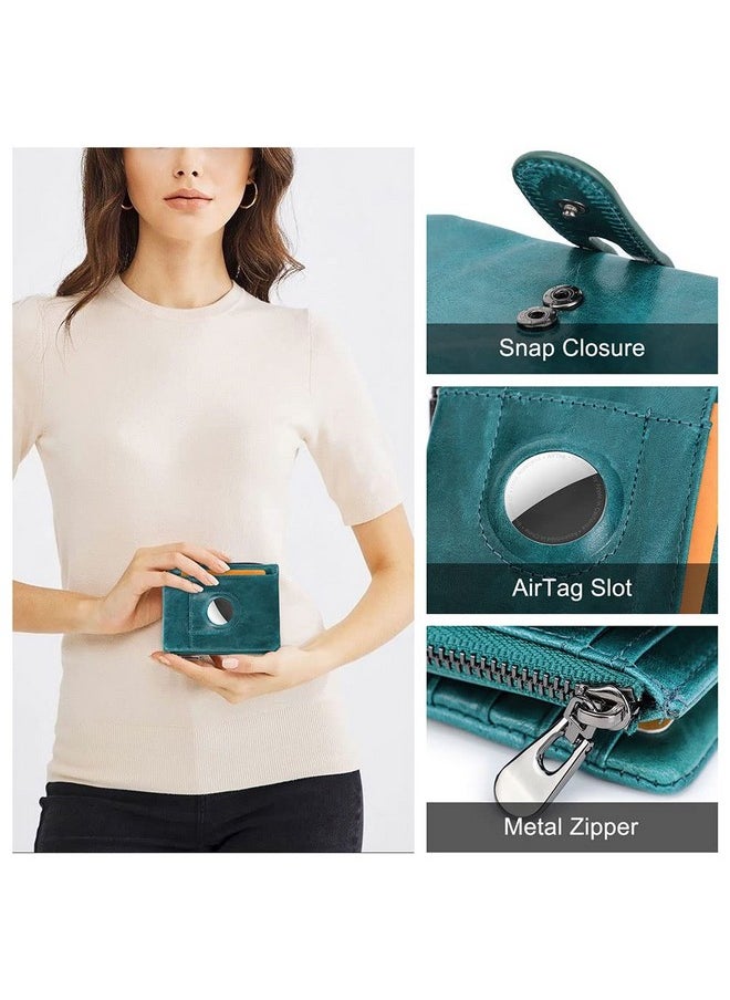 CONTACTS Womens Bifold Wallet Leather Airtag Minimalist Leather Purse For Women Small Coin Card Zipper Pocket With Rfid Blocking (Peacock Blue)  - Image 2