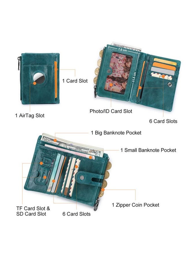 CONTACTS Womens Bifold Wallet Leather Airtag Minimalist Leather Purse For Women Small Coin Card Zipper Pocket With Rfid Blocking (Peacock Blue)  - Image 4