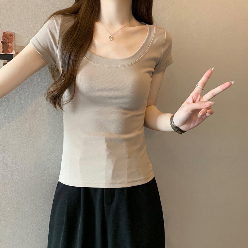 2023 short-sleeved T-shirt for women ins fashionable tight summer collarbone scheming pure hot girl short top women's solid color T-shirt - Image 5
