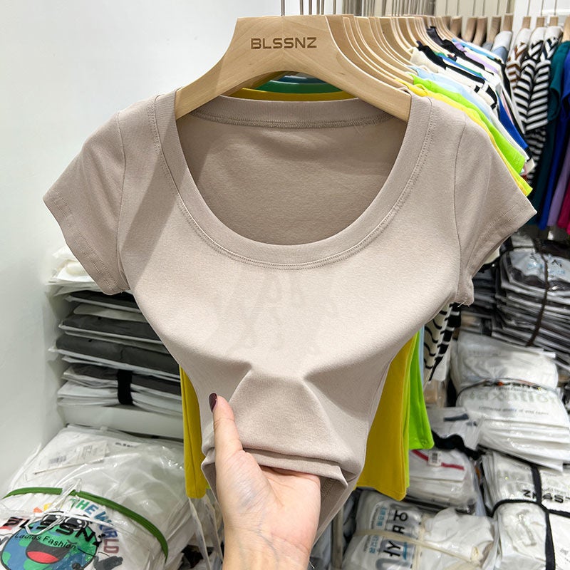 2023 short-sleeved T-shirt for women ins fashionable tight summer collarbone scheming pure hot girl short top women's solid color T-shirt - Image 1
