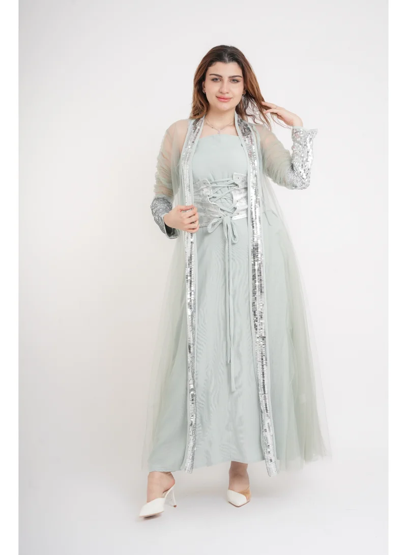 اكسا جلابية انيقة كم شفاف فضي IK1041 اخضر