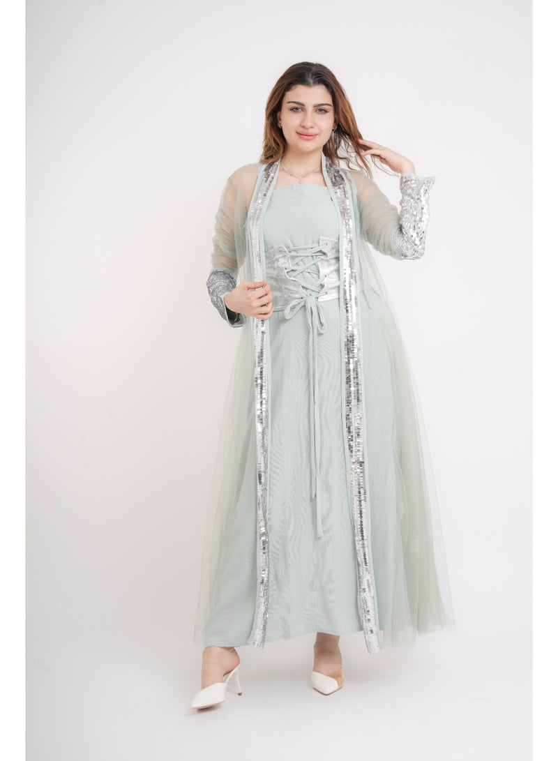 IKKXA Silver Glamour Sheer Sleeve Jalabiya IK1041 Green - Image 1