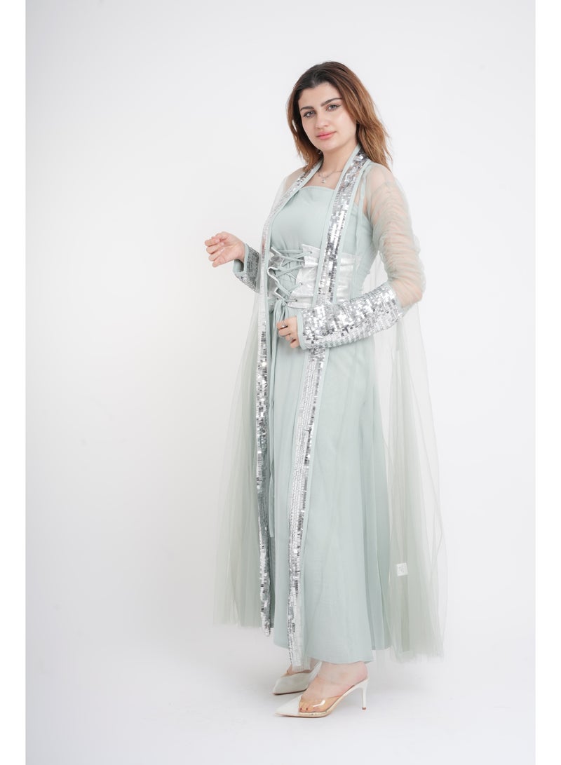 IKKXA Silver Glamour Sheer Sleeve Jalabiya IK1041 Green - Image 3