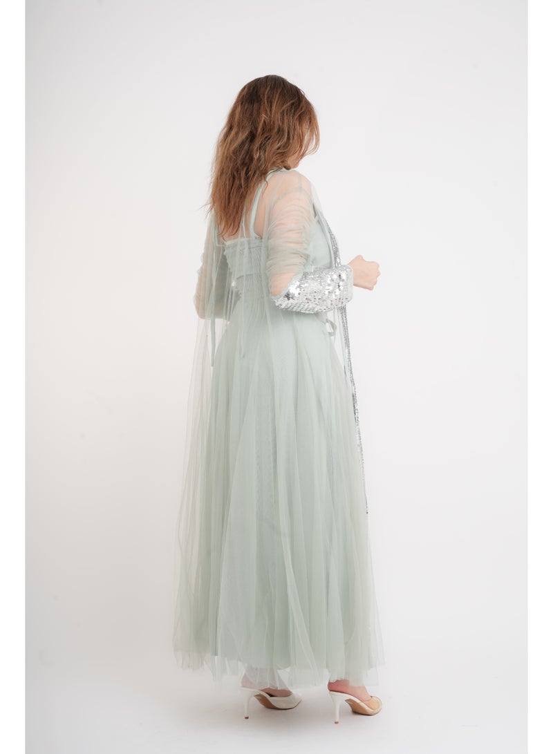 IKKXA Silver Glamour Sheer Sleeve Jalabiya IK1041 Green - Image 4