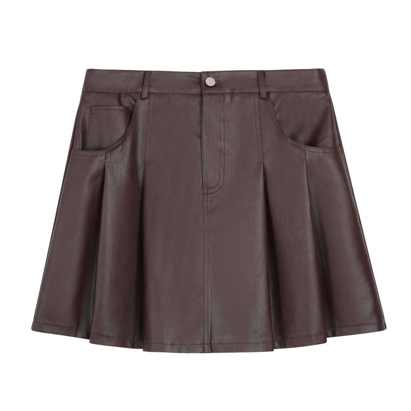 Korean High-Waist Pleather A-Line Skirt Plus Size Autumn Winter Angora red  - Image 1