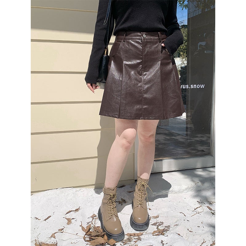 Korean High-Waist Pleather A-Line Skirt Plus Size Autumn Winter Angora red  - Image 3