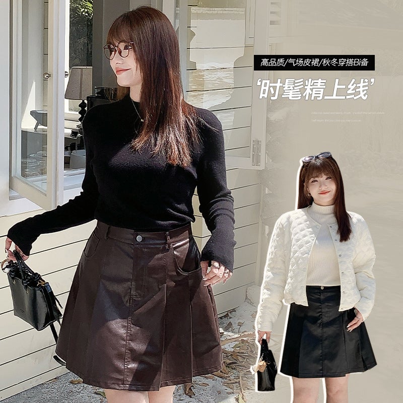Korean High-Waist Pleather A-Line Skirt Plus Size Autumn Winter Angora red  - Image 2