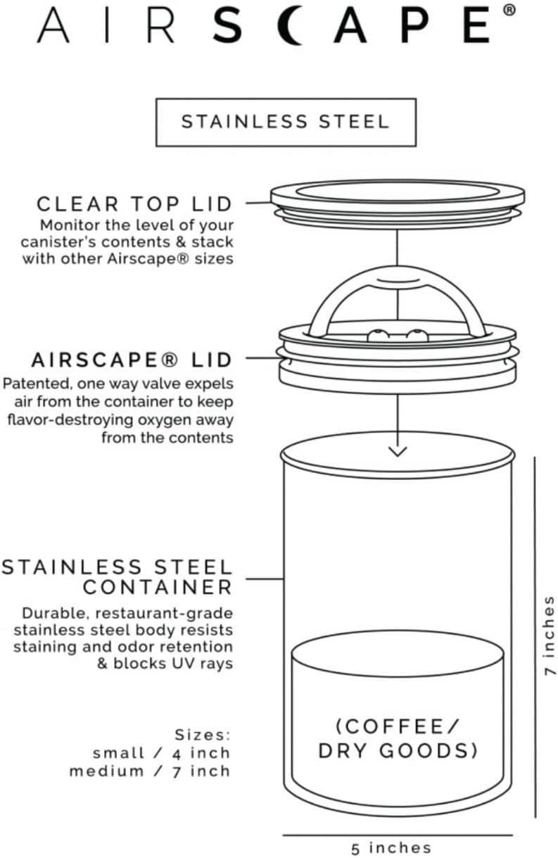 Airscape Planetary Design Stainless Steel Coffee Canister | Food Storage Container | US Patented Inner Plunger Lid REMOVES Excess Oxygen | Don't Buy airtight, Buy AIR-Less | (Medium, Matte Black) - Image 4