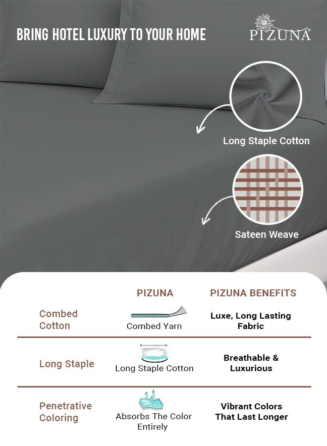 Pizuna Pure Combed Cotton Single Bed Fitted Sheet 90x200 cm, Dark Grey, 400 Thread Count Cool Luxury Soft 100% Long Staple Cotton Sateen Weave, 40cm Deep Pocket Bedsheet with 1 Pillowcase - Image 2