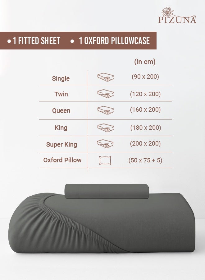 Pizuna Pure Combed Cotton Single Bed Fitted Sheet 90x200 cm, Dark Grey, 400 Thread Count Cool Luxury Soft 100% Long Staple Cotton Sateen Weave, 40cm Deep Pocket Bedsheet with 1 Pillowcase - Image 3