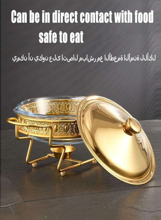 حافظة طعام موقد البوفيه مع صينية زجاجية شفافة، موائد تقديم الطعام المصنوعة من الفولاذ المقاوم للصدأ الدائري، مجموعات موائد تقديم الطعام لمناسبات الحفلات والولائم وحفلات الزفاف (ذهبي) - Image 4