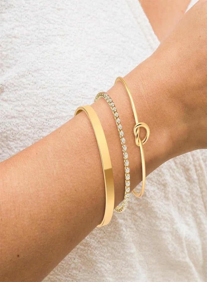 ZZLAY Stackable Bracelets for Women - Gold Bangles, Knot Cuff and Tennis Bracelet Set, 14K Real Gold Plated Brass, Non Tarnish Dainty Jewelry - Image 4