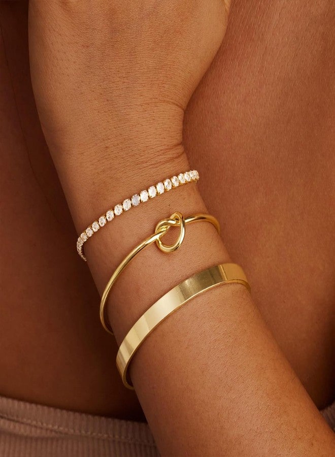 ZZLAY Stackable Bracelets for Women - Gold Bangles, Knot Cuff and Tennis Bracelet Set, 14K Real Gold Plated Brass, Non Tarnish Dainty Jewelry - Image 2