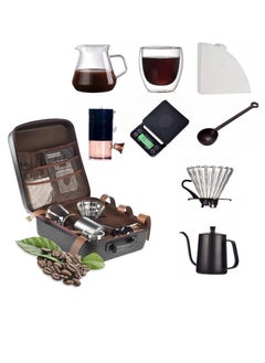 Coffee Maker Set 9-Piece All in one Coffee Maker Kit Drip Filter Coffee Share Pot Coffee Paper Filters 100 Sheets Coffee Timer Scale Double Wall Mug 250ml Manual Coffee Grinder Coffee Server and Spoon  with Portable Hand Carry Case
