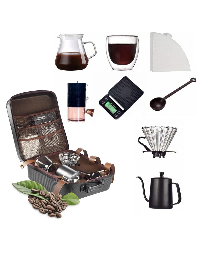 Toshionics - Coffee Maker Set 9-Piece All in one Coffee Maker Kit Drip Filter Coffee Share Pot Coffee Paper Filters 100 Sheets Coffee Timer Scale Double Wall Mug 250ml Manual Coffee Grinder Coffee Server and Spoon  with Portable Hand Carry Case - Image 1