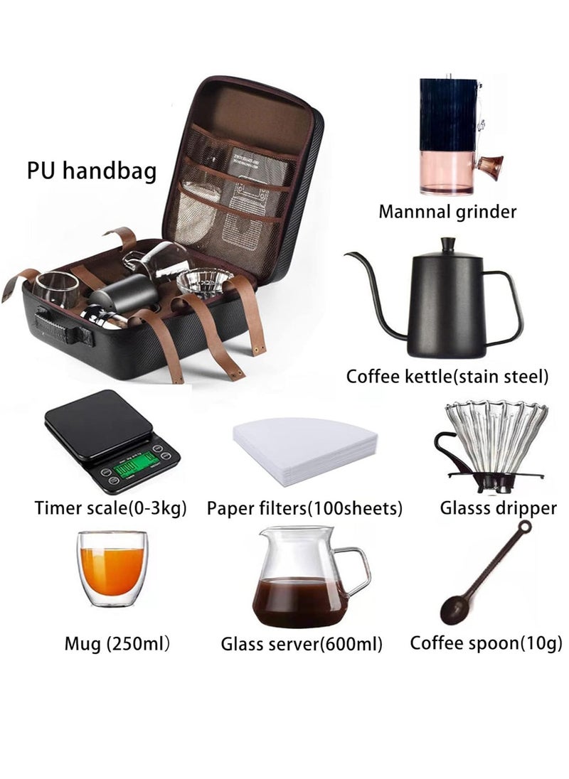 Toshionics - Coffee Maker Set 9-Piece All in one Coffee Maker Kit Drip Filter Coffee Share Pot Coffee Paper Filters 100 Sheets Coffee Timer Scale Double Wall Mug 250ml Manual Coffee Grinder Coffee Server and Spoon  with Portable Hand Carry Case - Image 1