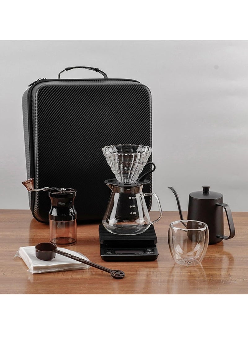Toshionics - Coffee Maker Set 9-Piece All in one Coffee Maker Kit Drip Filter Coffee Share Pot Coffee Paper Filters 100 Sheets Coffee Timer Scale Double Wall Mug 250ml Manual Coffee Grinder Coffee Server and Spoon  with Portable Hand Carry Case - Image 1