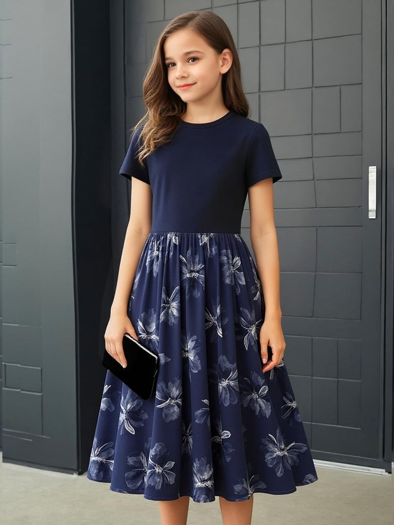 Seechoslo New 8-14Years Girls Elegant Dress Short Sleeve A-Line Floral Midi Party Special Occasion (US, Age, 12 Years, Dark Blue) - Image 2
