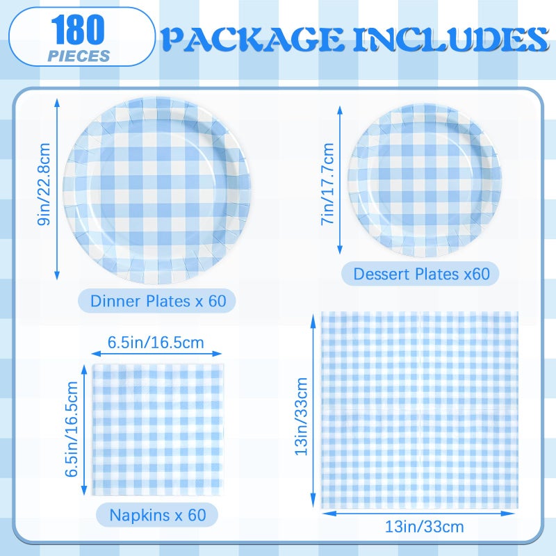 Hpscdyo 180Pcs Blue Gingham Party Supplies Paper Plates and Napkins Serve 60 Disposable Tableware Set for Birthday Party Decorations Game Day Family Holiday Sports Events - Image 2