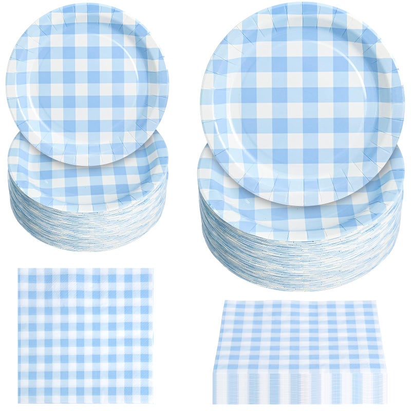 Hpscdyo 180Pcs Blue Gingham Party Supplies Paper Plates and Napkins Serve 60 Disposable Tableware Set for Birthday Party Decorations Game Day Family Holiday Sports Events - Image 1