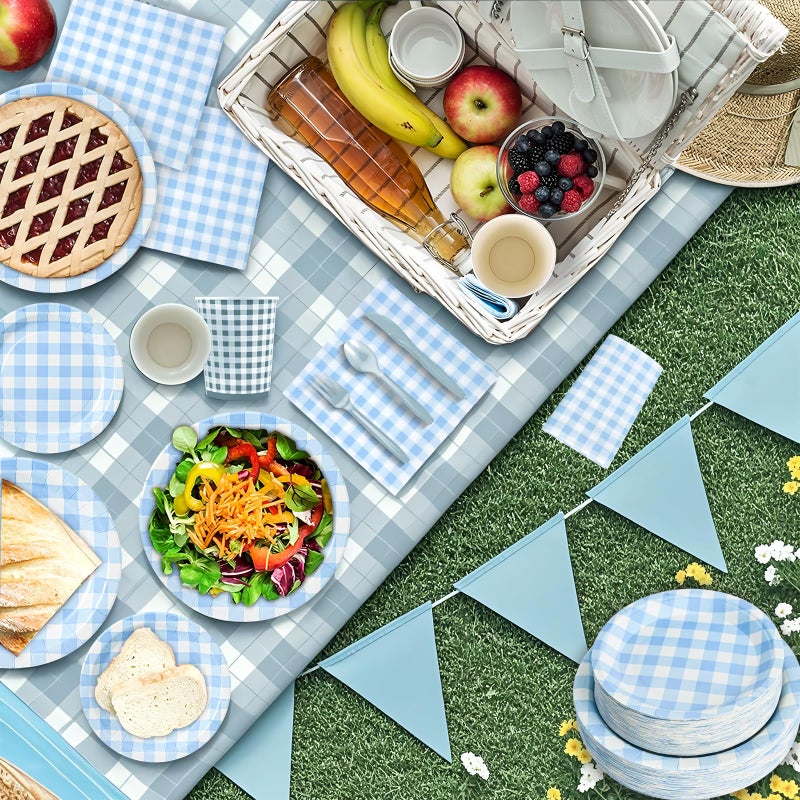 Hpscdyo 180Pcs Blue Gingham Party Supplies Paper Plates and Napkins Serve 60 Disposable Tableware Set for Birthday Party Decorations Game Day Family Holiday Sports Events - Image 4