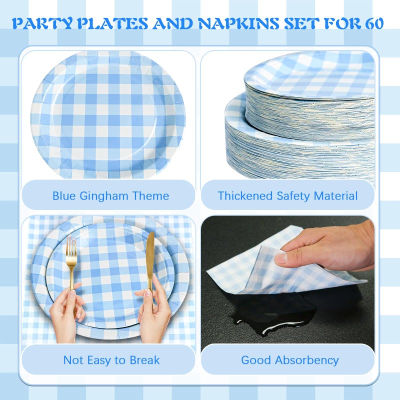 Hpscdyo 180Pcs Blue Gingham Party Supplies Paper Plates and Napkins Serve 60 Disposable Tableware Set for Birthday Party Decorations Game Day Family Holiday Sports Events - Image 3