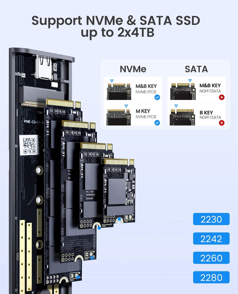 ORICO Dual M.2 NVMe SSD Aluminum USB3.2 Gen2 10Gbps, M.2 Type-C Docking Station for PCIe M-Key, B&M Key 2230/2242/2260/2280 SSD, Tool-Free, Up to 4TB - Image 3