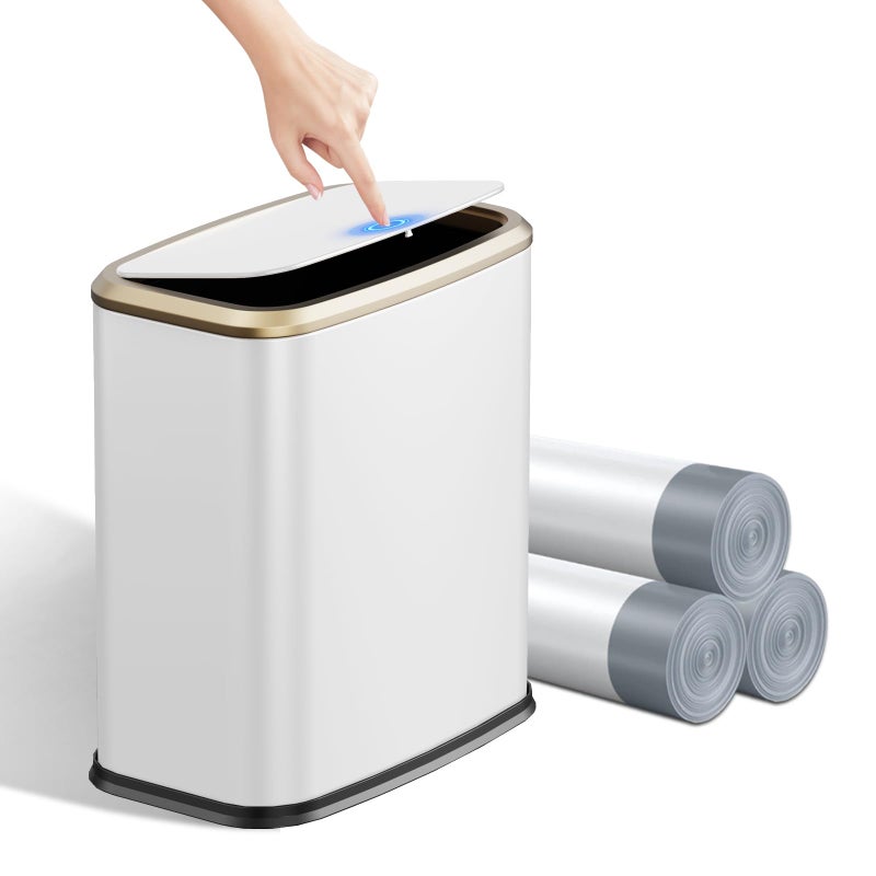KHMMGK 2.1 Gallon Bathroom Trash Can with Lid Press Top, 8 Liter Stainless Steel Garbage Can with Press Type Lid, Slim Trash Bin Waste Basket for Toilet, Office, Bedroom, Living Room (White) - Image 1
