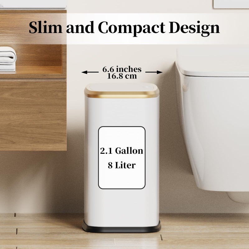 KHMMGK 2.1 Gallon Bathroom Trash Can with Lid Press Top, 8 Liter Stainless Steel Garbage Can with Press Type Lid, Slim Trash Bin Waste Basket for Toilet, Office, Bedroom, Living Room (White) - Image 4