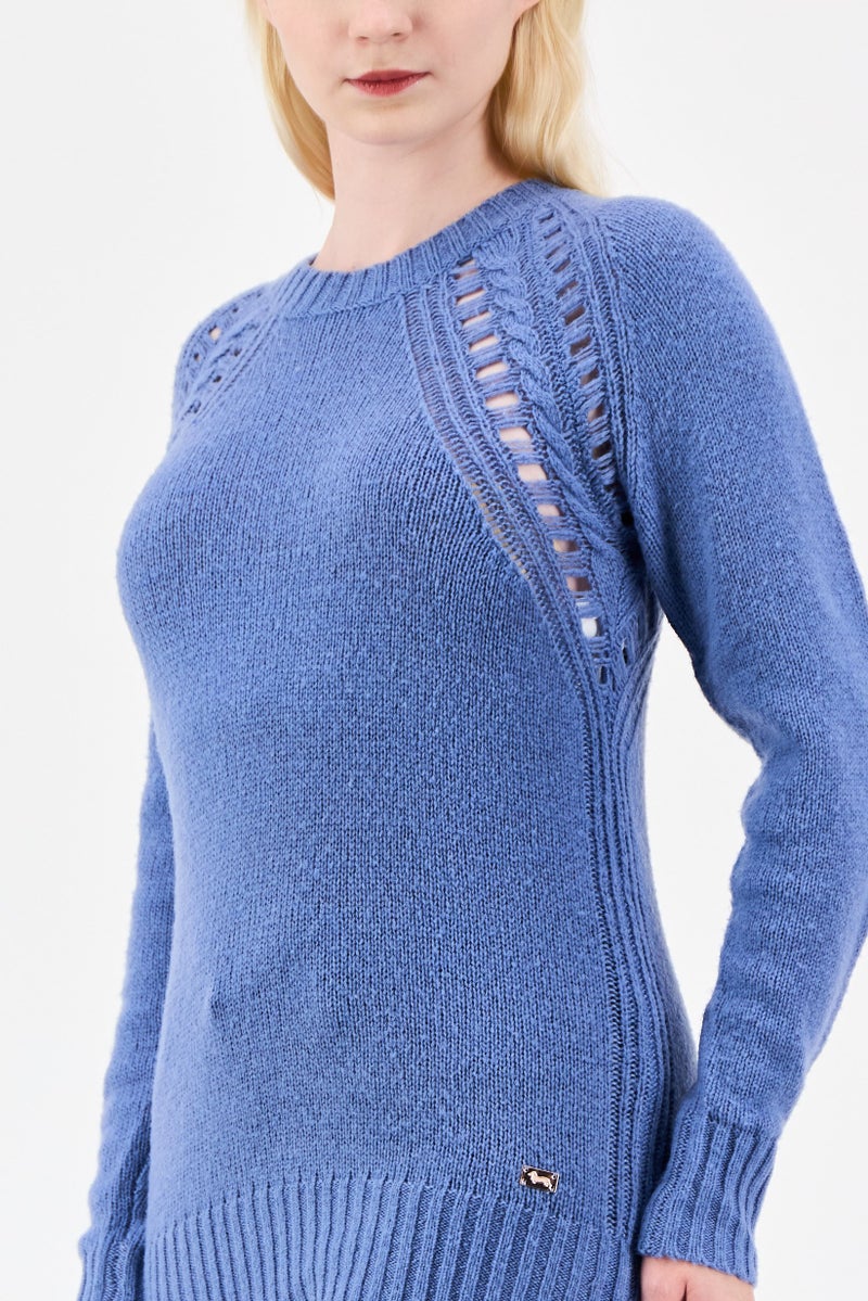 Harmont & Blaine Women Crew Neck Eyelet Sweater, Blue - Image 3