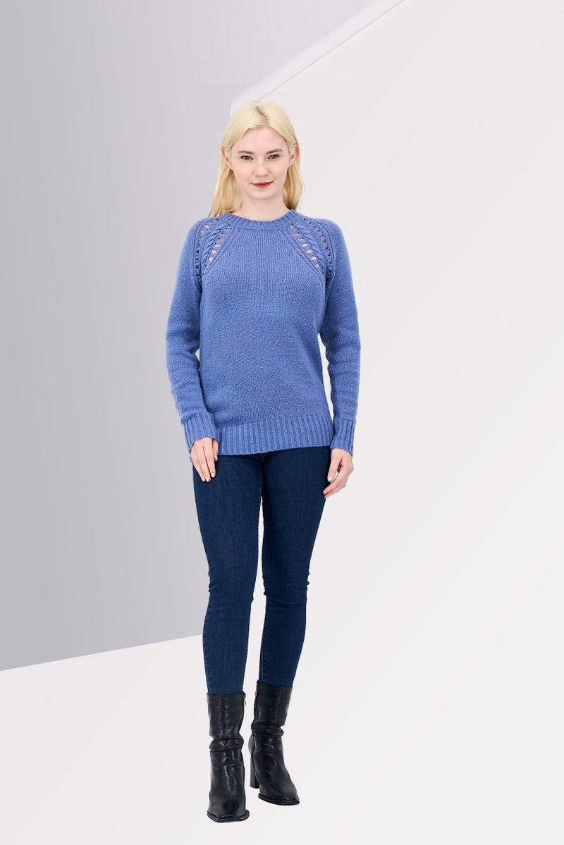 Harmont & Blaine Women Crew Neck Eyelet Sweater, Blue - Image 4