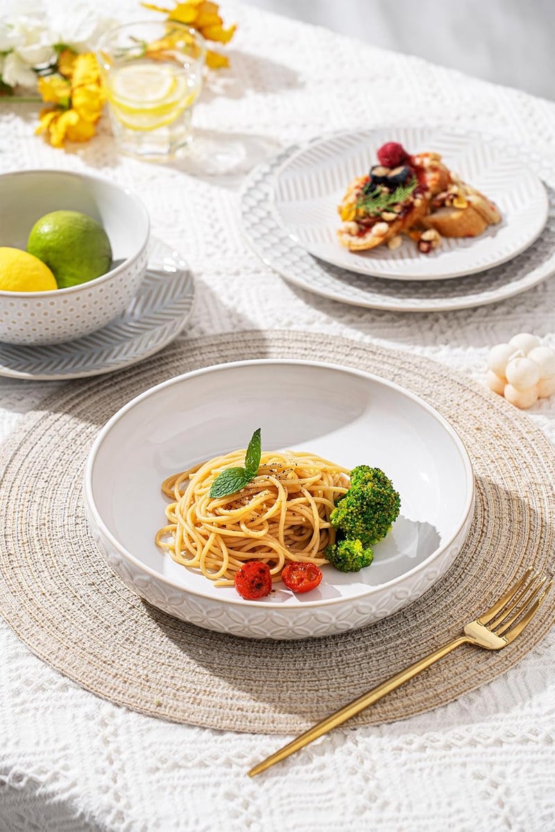 FOBENTA Embossed Ceramic Pasta Bowls, 42 oz Bowl Plates Set,9-Inch Large Serving Bowls Set of 4, Perfect for Pasta, Salad, Fruit, Sturdy&Stackable, Microwave & Dishwasher Safe - Image 4