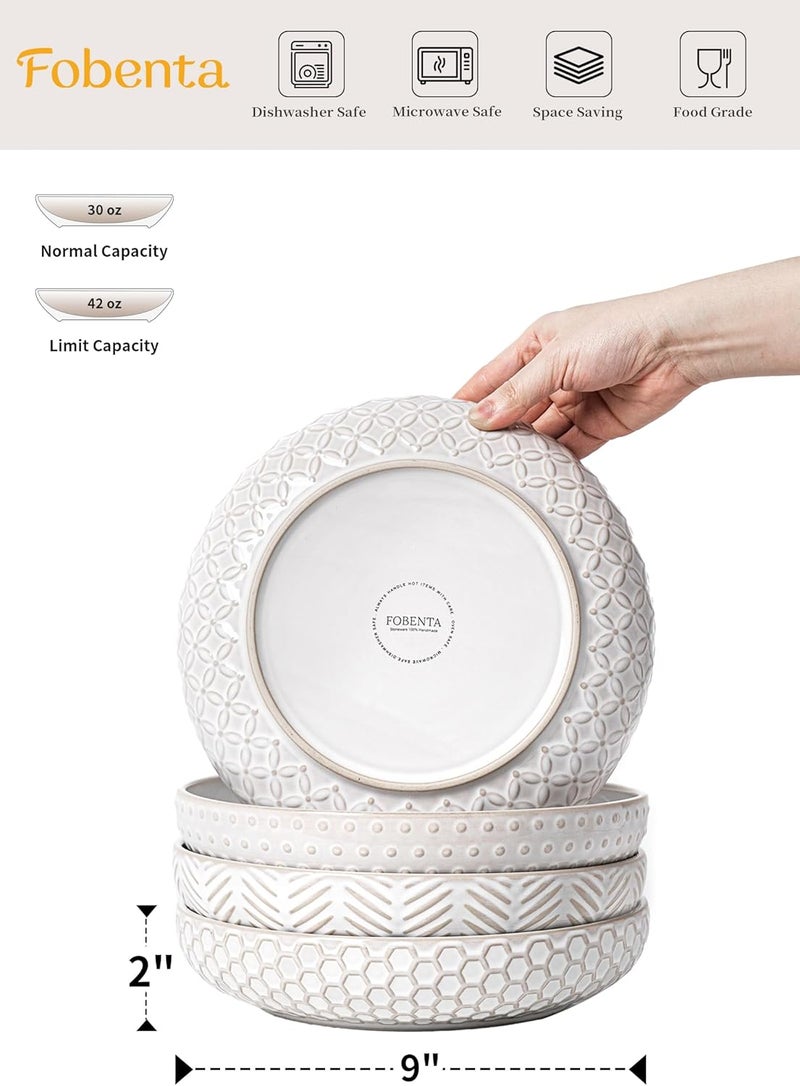 FOBENTA Embossed Ceramic Pasta Bowls, 42 oz Bowl Plates Set,9-Inch Large Serving Bowls Set of 4, Perfect for Pasta, Salad, Fruit, Sturdy&Stackable, Microwave & Dishwasher Safe - Image 2