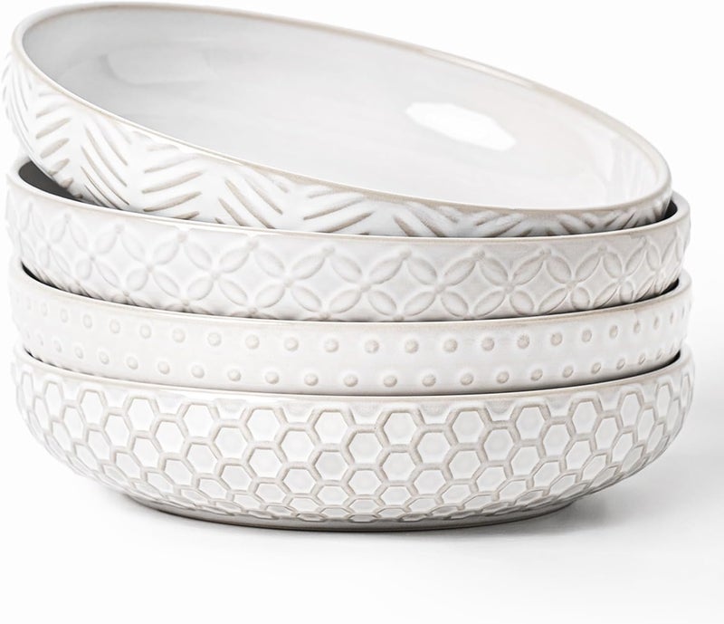 FOBENTA Embossed Ceramic Pasta Bowls, 42 oz Bowl Plates Set,9-Inch Large Serving Bowls Set of 4, Perfect for Pasta, Salad, Fruit, Sturdy&Stackable, Microwave & Dishwasher Safe - Image 1