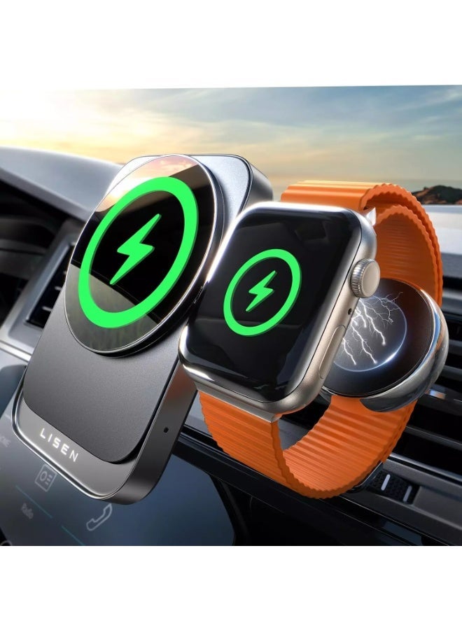 Lisen 2 in 1 for 18W MagSafe Car Mount Charger, Wireless Vent Charger Magnetic Phone Holder Mount for iPhone Car Accessories for iPhone 16 15 14 13 12 Pro Max Plus and Apple Watch - Image 1