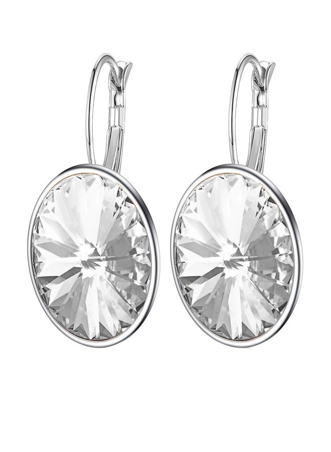 EVEVIC Austrian Crystals Round Drop Leverback Earrings for Women 14K Gold Plated Hypoallergenic Hoop Earrings (White) - Image 1