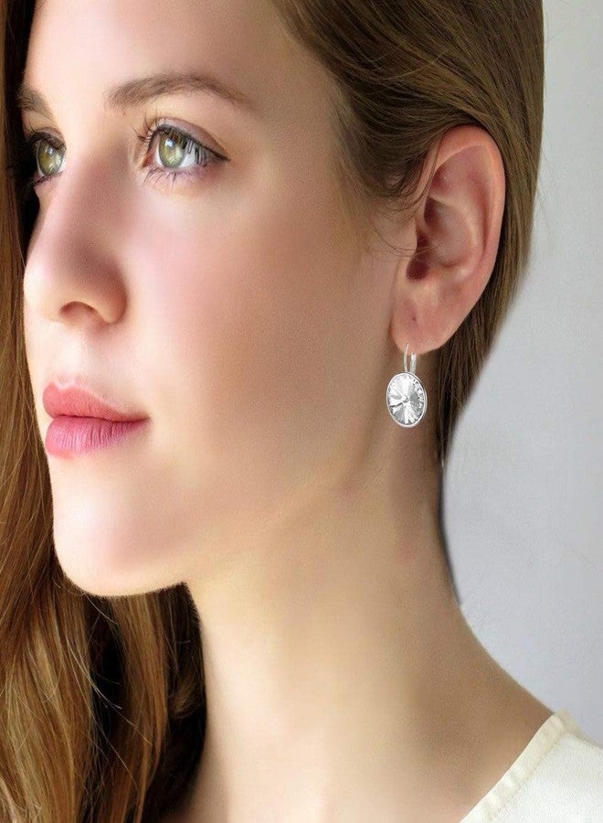 EVEVIC Austrian Crystals Round Drop Leverback Earrings for Women 14K Gold Plated Hypoallergenic Hoop Earrings (White) - Image 2