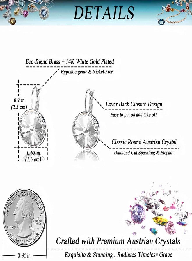 EVEVIC Austrian Crystals Round Drop Leverback Earrings for Women 14K Gold Plated Hypoallergenic Hoop Earrings (White) - Image 4