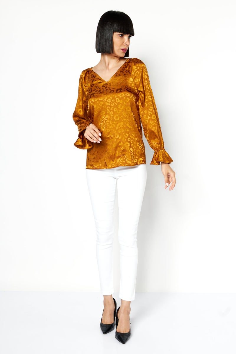 Bar III Women V-neck Allover Print Long Sleeves Top, Brown - Image 3