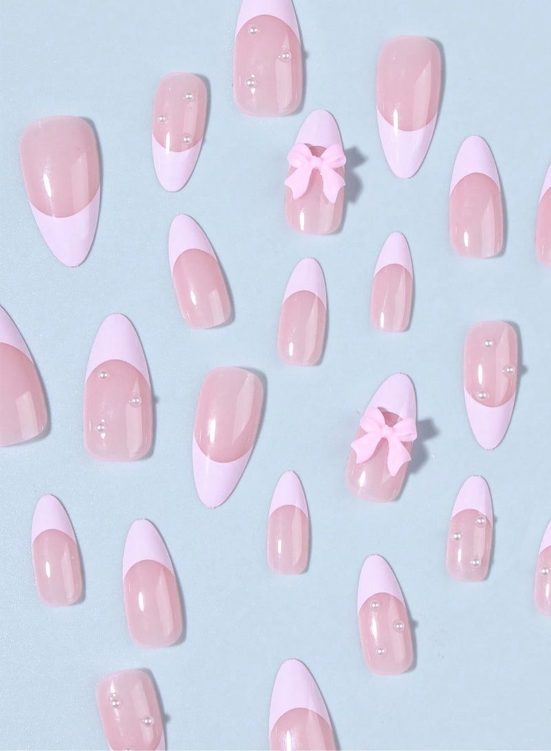 علبتان (48 قطعة) أظافر صناعية بتغطية كاملة، أطراف فرنسية، أظافر صناعية متوسطة الحجم، غراء لوز، تصميم فيونكة لؤلؤية، أظافر أكريليك. - Image 3