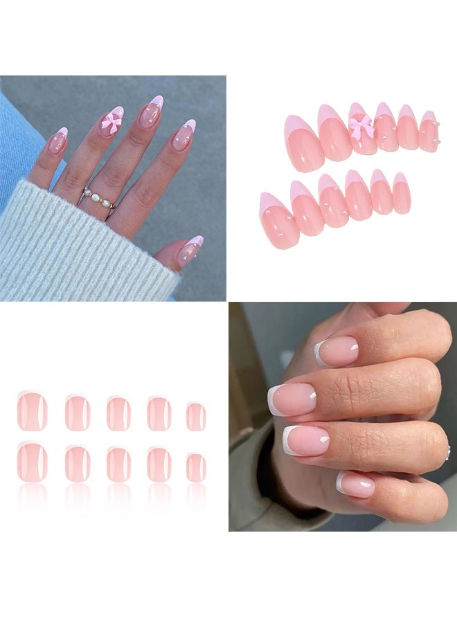 علبتان (48 قطعة) أظافر صناعية بتغطية كاملة، أطراف فرنسية، أظافر صناعية متوسطة الحجم، غراء لوز، تصميم فيونكة لؤلؤية، أظافر أكريليك. - Image 1