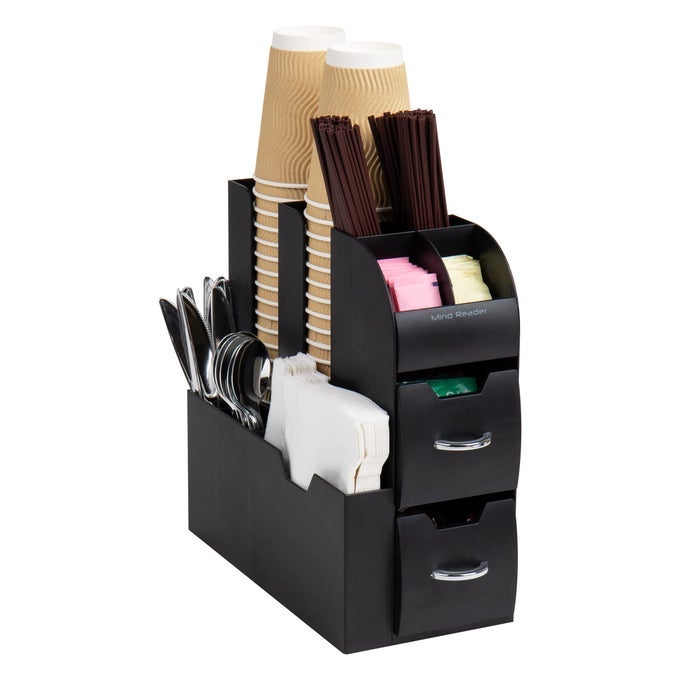 CUP AND CONDIMENT STATION COUNTERTOP ORGANIZER COFFEE BAR KITCHEN STIRRERS 535W X 1125L X 1115H BLACK