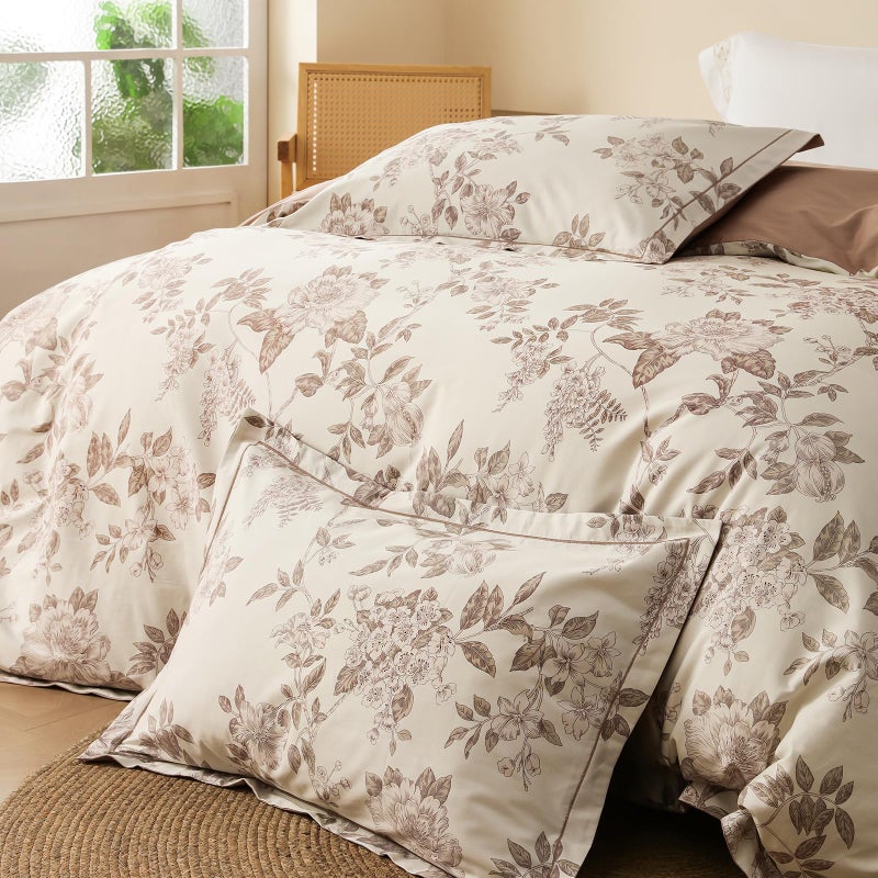 OAITE Duvet Cover Set Queen Size Floral Pattern 600 Thread Count Ultra Soft 100% Long Staple Cotton Duvet Cover Sets 3-PC, Breathable Duvet Cover with Zipper Closure & Corner Ties - Image 4
