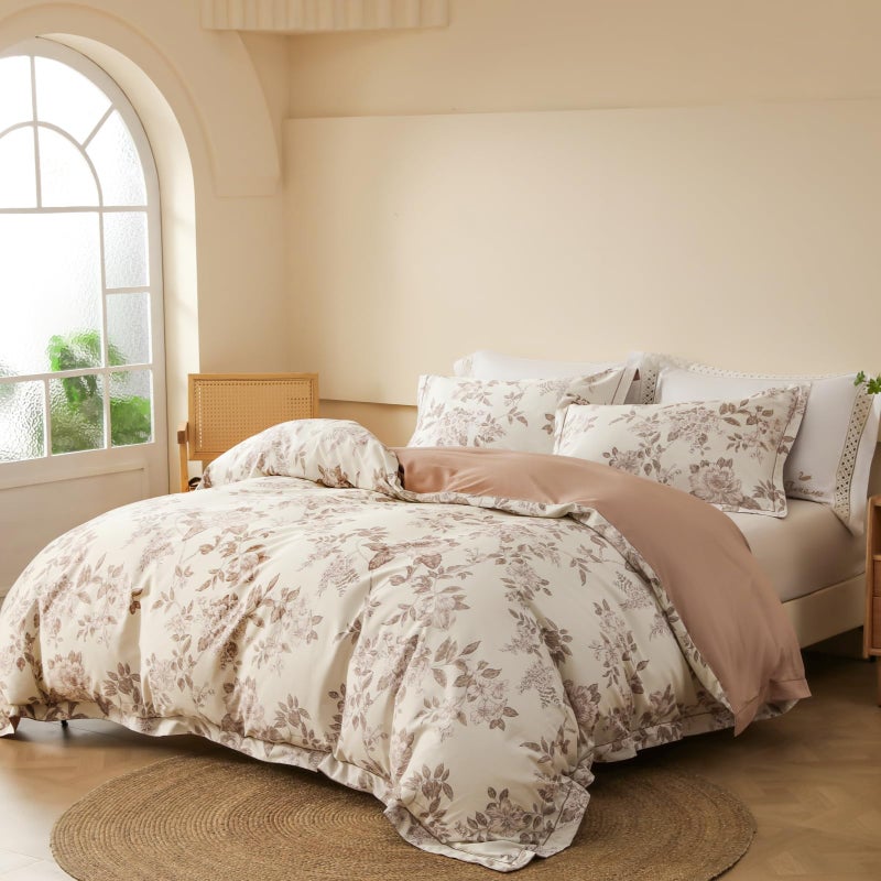 OAITE Duvet Cover Set Queen Size Floral Pattern 600 Thread Count Ultra Soft 100% Long Staple Cotton Duvet Cover Sets 3-PC, Breathable Duvet Cover with Zipper Closure & Corner Ties - Image 2